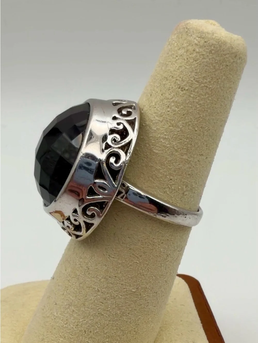 VTG 925 Sterling Silver Faceted Black Onyx Statement Ring Filigree Size 6.75
